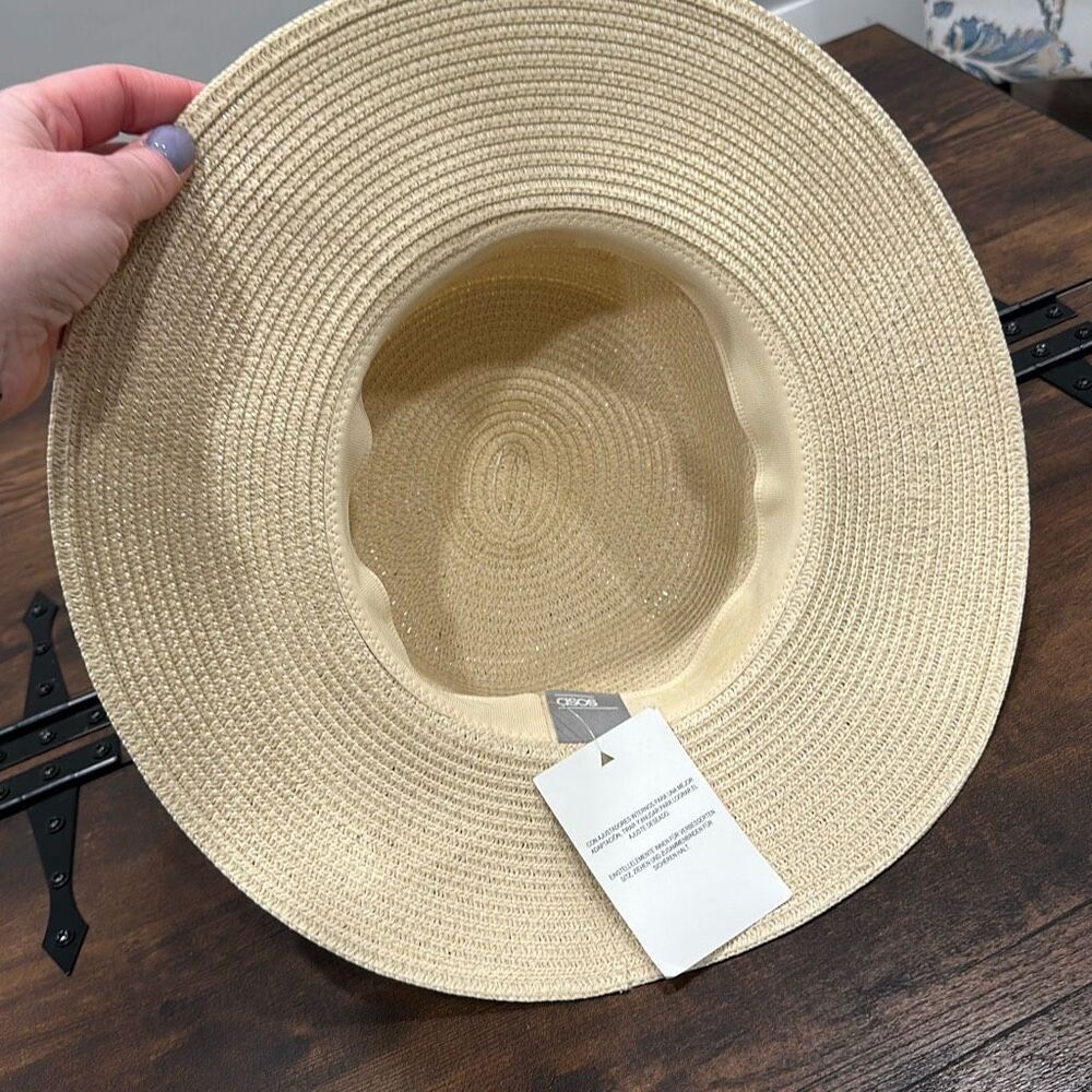 NWT ASOS Design Women's Sequined "Go Away" Wide Brim Floppy Straw Hat Beige OS - Picture 3 of 7